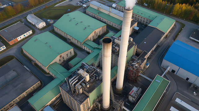 Aerial view of an industrial power plant facility with two tall chimneys emitting smoke, surrounded by green buildings.