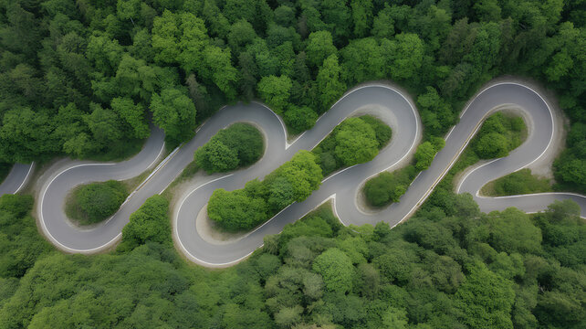 Aerial view of a winding asphalt road snaking through a dense green forest with sharp curves and lush tree canopy cover.