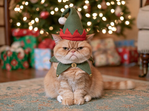 Grumpy ginger cat in a Christmas elf costume against the background of a Christmas tree with gifts