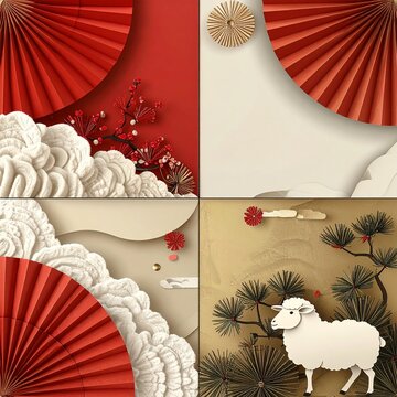 Four panel paper craft grid with red fans, wool clouds, pine and white sheep, modern New Year