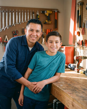 Welcoming father and son standing together in home garage workshop with warm natural light