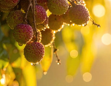 Close up of lychees with water droplets and bokeh.
