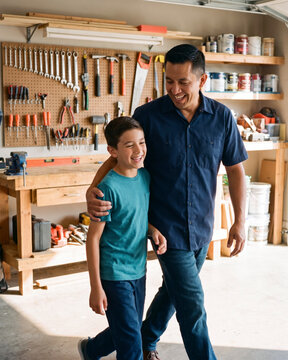 Welcoming father and son walking together through home garage with warm natural light