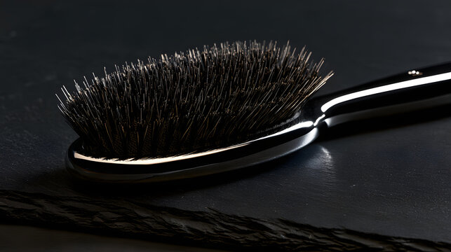Professional luxury hair brush with natural boar bristles and chrome accents on dark slate stone