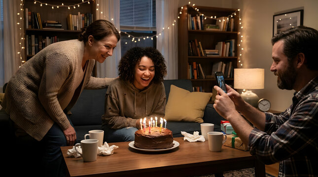 Family celebrating birthday with cake and smartphone photo.