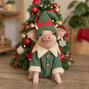 Funny little piglet in an elf costume sitting near a Christmas tree