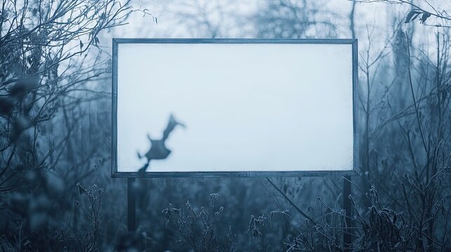 Blank billboard in winter woods; advertising space.
