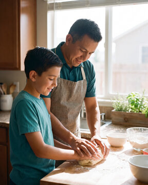 Engaged father and son kneading bread dough at sunlit kitchen counter with warm natural light
