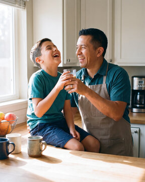 Welcoming father and son sharing morning coffee at sunlit kitchen counter
