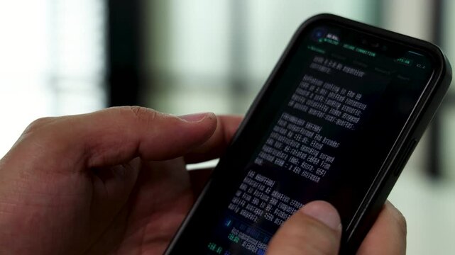 Human hands holding smartphone reading artificial intelligence text prompt interface, software developer coding mobile app, data analysis, digital security, and AI technology concept
