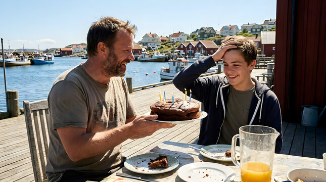 Family celebrating birthday with cake on sunny pier.