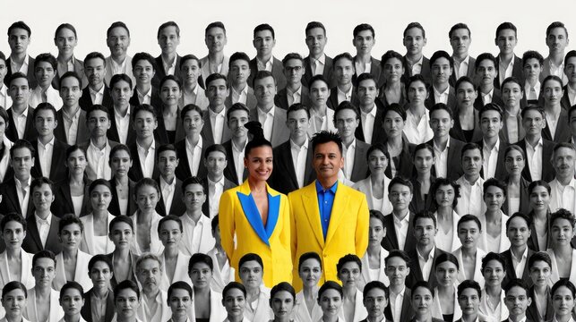 Standing Out from the Crowd: A man and woman in vibrant yellow blazers pose confidently, distinct from the monochromatic sea of individuals surrounding them, representing individuality and leadership.
