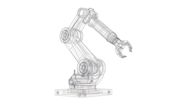 Detailed wireframe model of an industrial robotic arm with a claw gripper, isolated on a clean white background area.