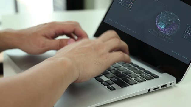 Developer hands typing on laptop keyboard working on artificial intelligence program, analyzing digital brain model interface on screen, machine learning, neuroscience, and high tech concept