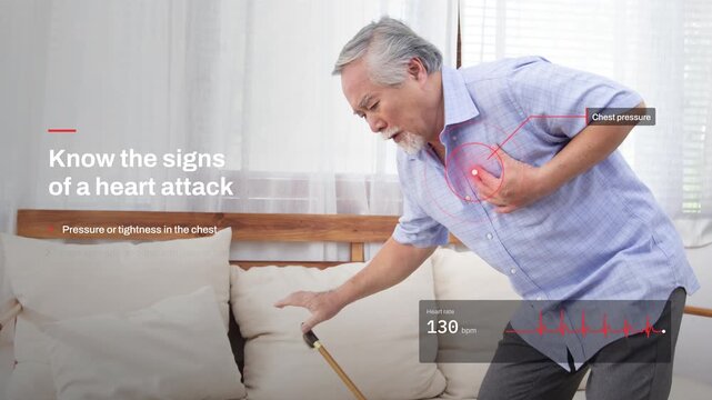 Senior Asian man holding walking cane suffering from sudden chest pain with heart attack warning graphics overlay, medical infographic, emergency symptoms, cardiac healthcare concept at home