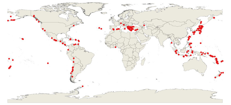 World map of tsunami earthquakes with magnitudes greater than 6 and up to 7