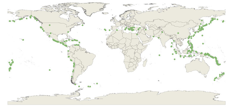 World map of tsunami earthquake distribution showing magnitudes greater than Mw 7 up to 8