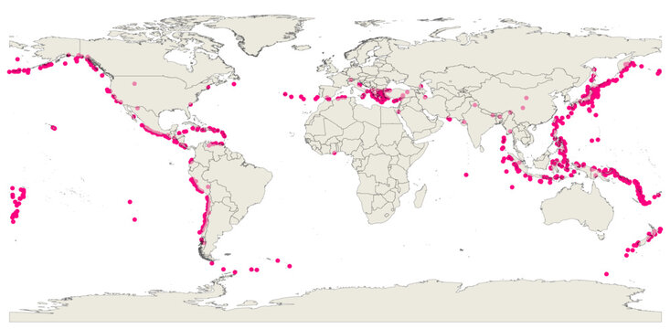 World map of tsunami earthquake distribution with magnitudes from 6.0 to 9.5 Mw
