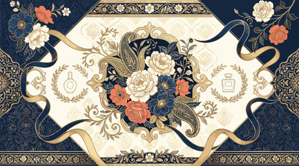 Luxury floral composition with ribbons and perfume bottle icons in a decorative frame © Saharia
