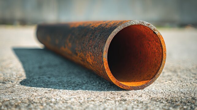 Rustic metal pipe displays extensive corrosion and surface rust, lying on concrete, representing industrial decay and weathered textures