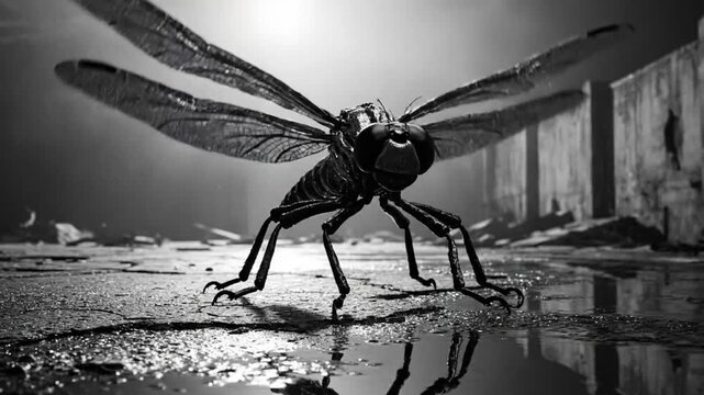 Giant dragonfly creature standing on wet ground in an apocalyptic, abandoned environment with textured wings