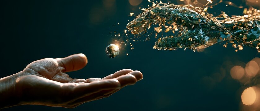 Double exposure of human hand reaching for a sparkling globe representing gaia and earth's ecosystem in a spiritual environment