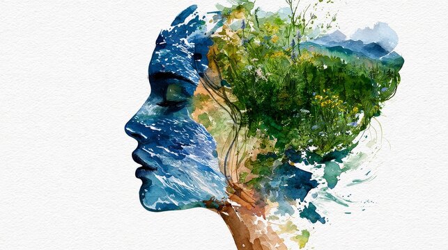 Double exposure portrait of a woman blending with nature symbolizing gaia and environmental consciousness