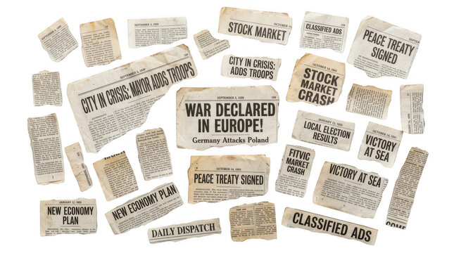 Various old newspaper clippings scattered on transparent background