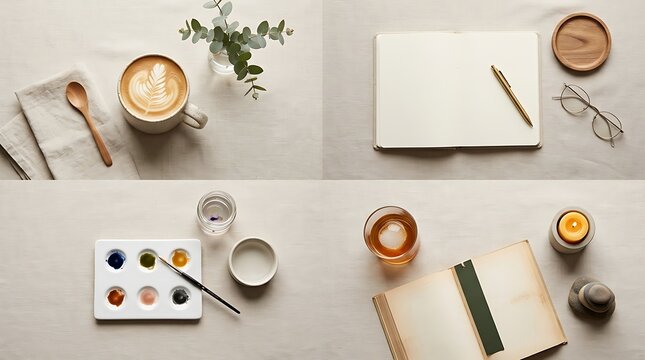 Aesthetic lifestyle flat lay with creative and cozy items
