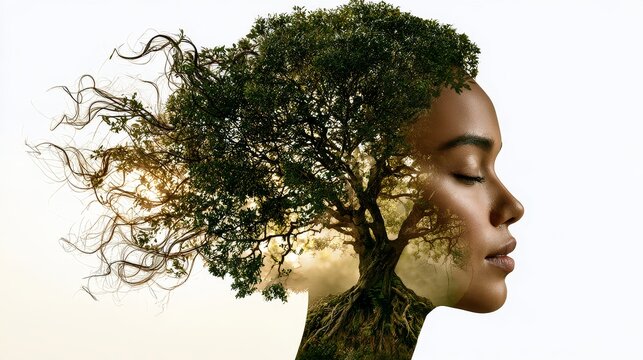 Double exposure portrait of a woman with tree elements representing gaia and sustainability in nature