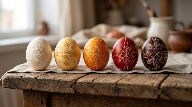 Easter eggs with traditional patterns on a rustic wooden table