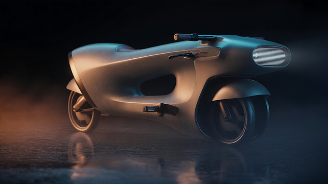 Futuristic electric motorcycle with smooth aerodynamic in dark environment with glowing light and wet ground.