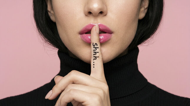 Woman holding finger to lips with Shhhh tattoo, silence gesture on pink background