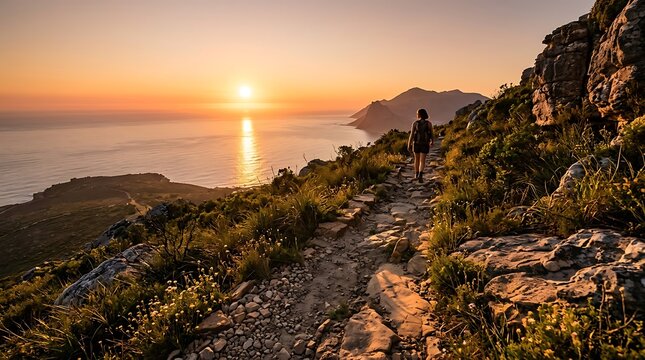 Woman hiking on a mountain trail overlooking the sea at sunset