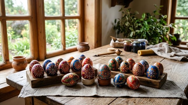 Ornate traditional hand painted easter eggs on a rustic wooden table
