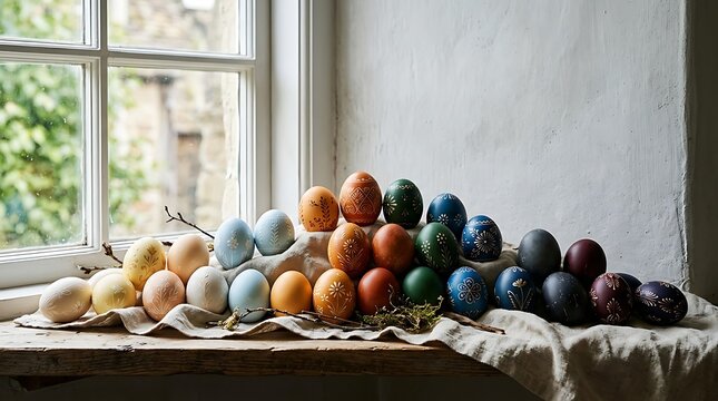 Colorful patterned easter eggs resting on linen cloth by a window