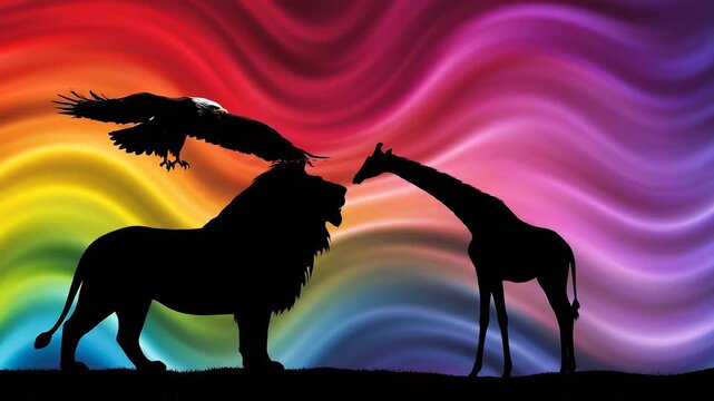 Lion and giraffe silhouettes interacting against a vibrant rainbow wave background with birds flying