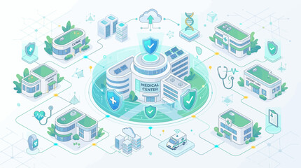 Fototapeta premium Connected Healthcare Network: Medical Centers, Hospitals, Clinics, and Data