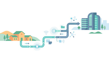 Fototapeta premium Digital Data Flow From Houses To Office Building - Network Connections