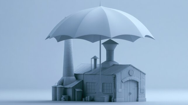A small factory building sits under a large umbrella, suggesting protection and security related to business insurance in a gray-blue setting