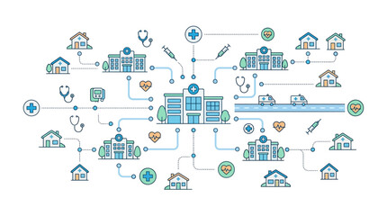 Fototapeta premium Healthcare network illustration: hospitals, clinics, homes, and medical symbols