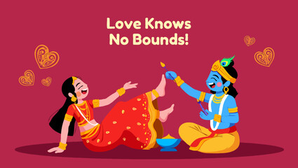 Fototapeta premium Krishna and radha in love celebrating hindu festival with hearts on maroon