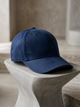 Dark blue baseball cap resting on a white surface