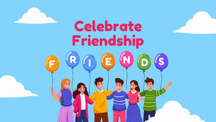 Fototapeta premium Celebrate friendship with group friends holding balloons in the sky
