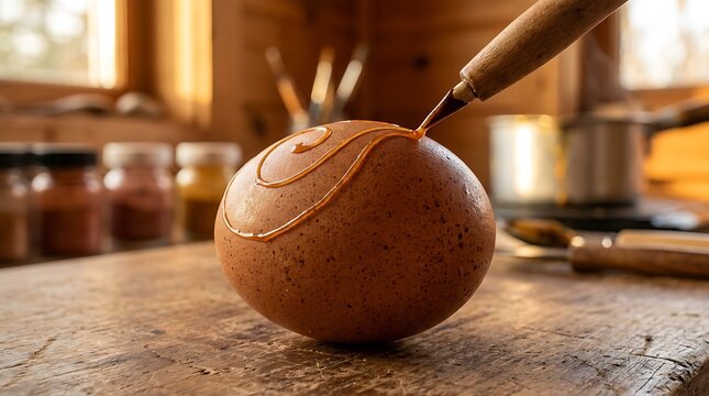 Artisan decorating a brown egg with orange wax stylus
