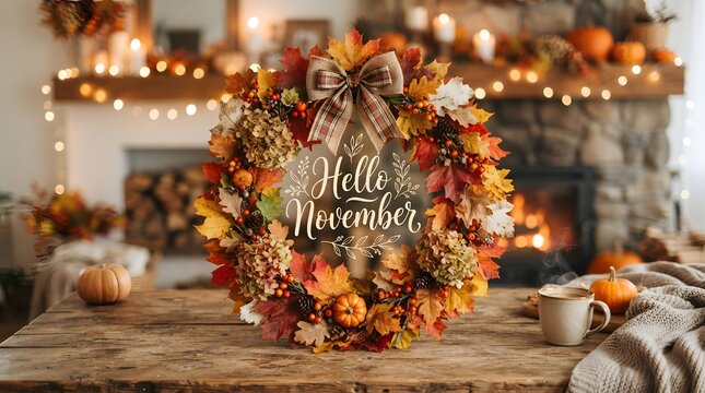 Autumn wreath with hello november sign on rustic wooden table with pumpkin and coffee mug in cozy fireplace background
