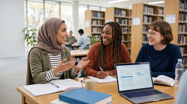 Three college students study together in a library, chatting and smiling at a table with open books, notebooks, laptop showing charts, pens, and a water bottle