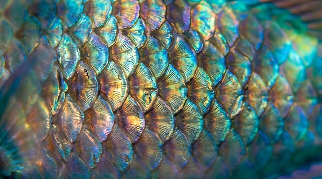 Iridescent fish scales shimmering in macro view