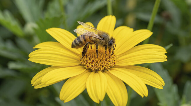 Honey bee collecting nectar on a bright yellow flower in a sunny garden macro photography
