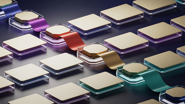 Isometric view of golden square platforms connected by colorful ribbons on a dark background, with glass base layers.